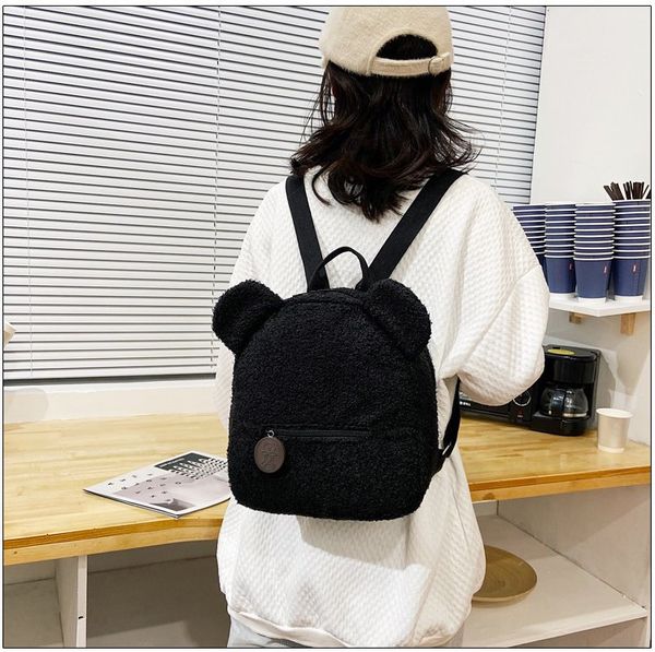 

women girls cute bear ear fleece small backpack casual warm lambswool daypack double shoulder bags