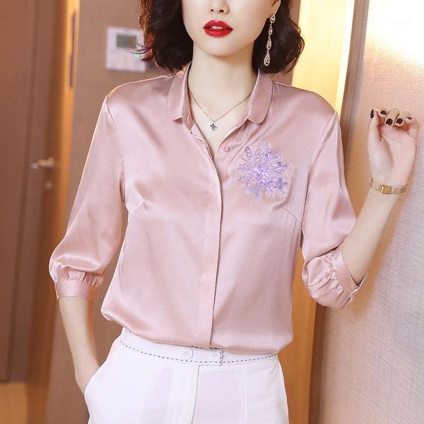 

korean silk women shirts women pink shirts blouses woman elastic satin blouses plus size woman embroidery print blouse 1, White