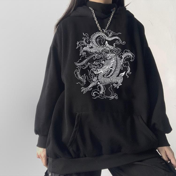 

dragon element print dropshipping harajuku retro zwarte hoodie oversized street lady kleding trui kleding met lange mouwen, Black
