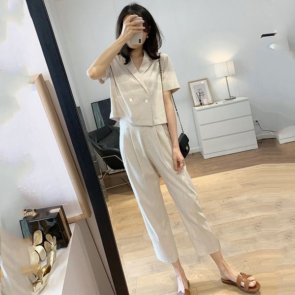 

jmjns модный темперамент короткий профессиональный воротник короткий рукав верхней высокой талии свободно top coat похудения прямые брюки ко, Gray