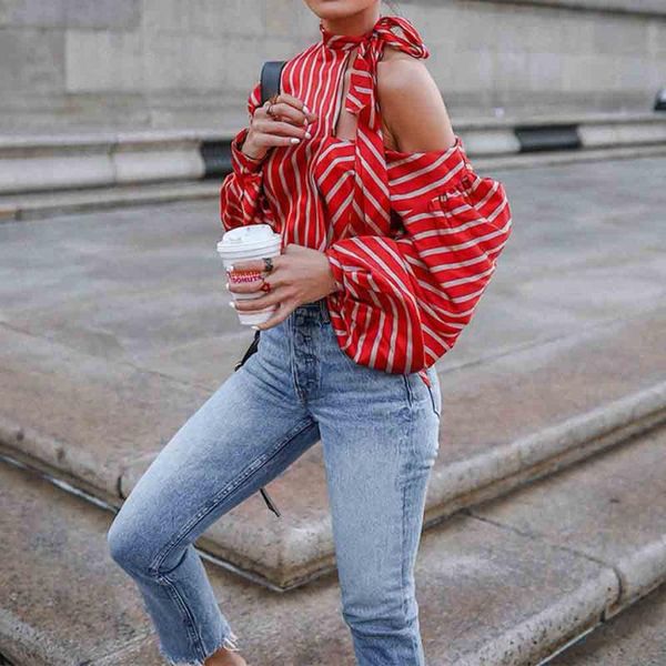 

причинные женщины блузки водолазка с длинным рукавом с плеча полосатые рубашки свободные стиль женский модный бант дизайнер 2021 новый, White