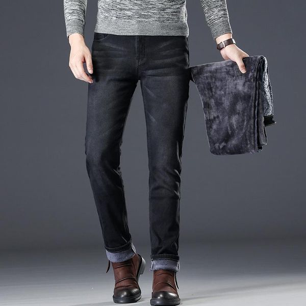 

men's jeans fashion winter 2021 men black color vintage elastic straight fit fleece for cotton thick warm pants, Blue