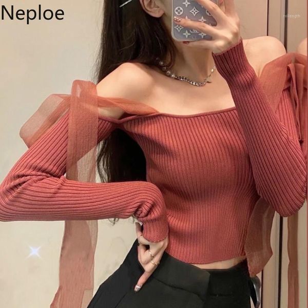 

neploe slash neck pullovers gauze bow off shoulder knitted cropped sweaters women sweet jumper sueter mujer 4g9311, White;black