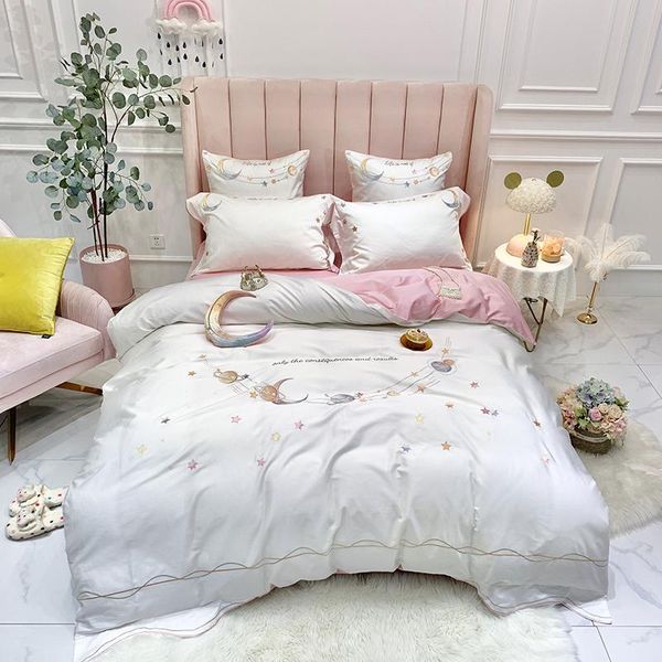 

37 stars moon embroidery bedding sets beddingset egyptian cotton bed linen duvet cover bed sheet pillowcase 4/6pcs sets