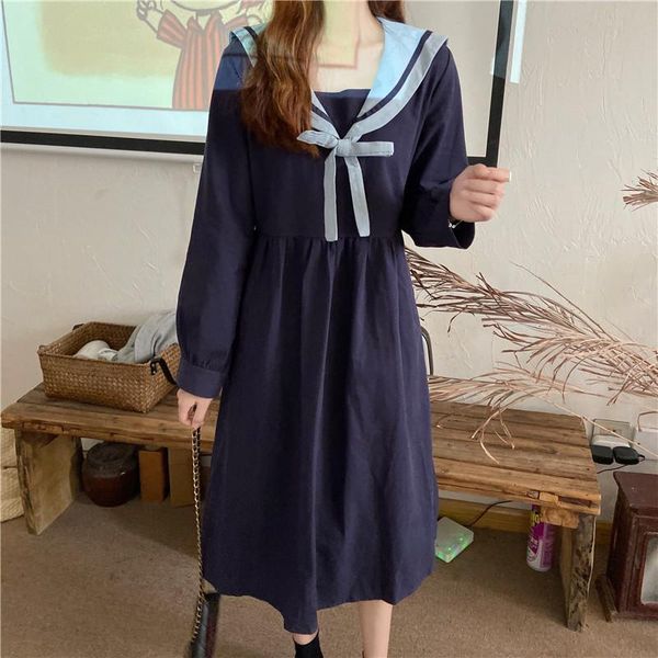 

2021 new japanese bows sailor collar full sleevelong japan style gothic dress sweet lolita skirt autumn woman hfgw, Black;gray
