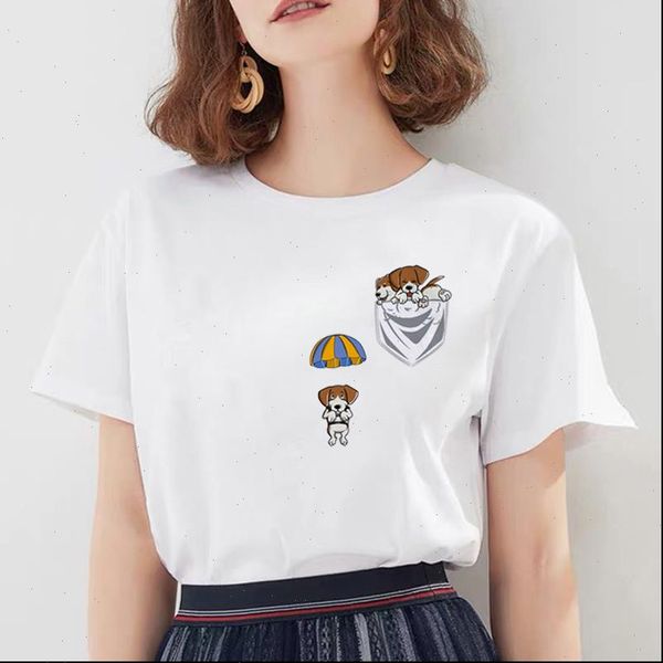 

new harajuku pocket dog printed women t shirts casual tee summer short sleeve female t shirt for women clothing, White
