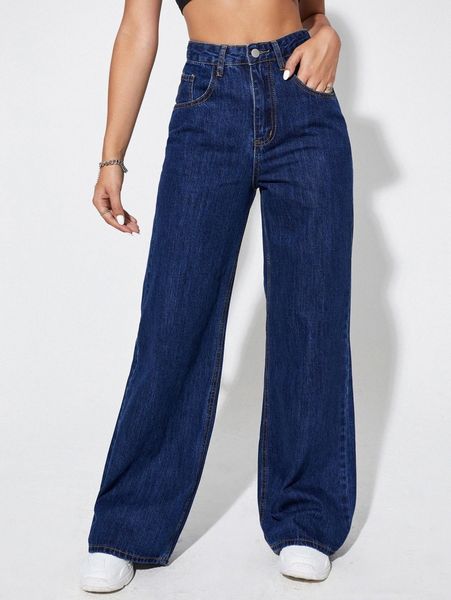 

slant pockets high waist wide leg pants x2vf#, Blue