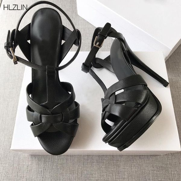 

sandals women's leather high-heeled waterproof platform brand shoes party wedding shoes1, Black