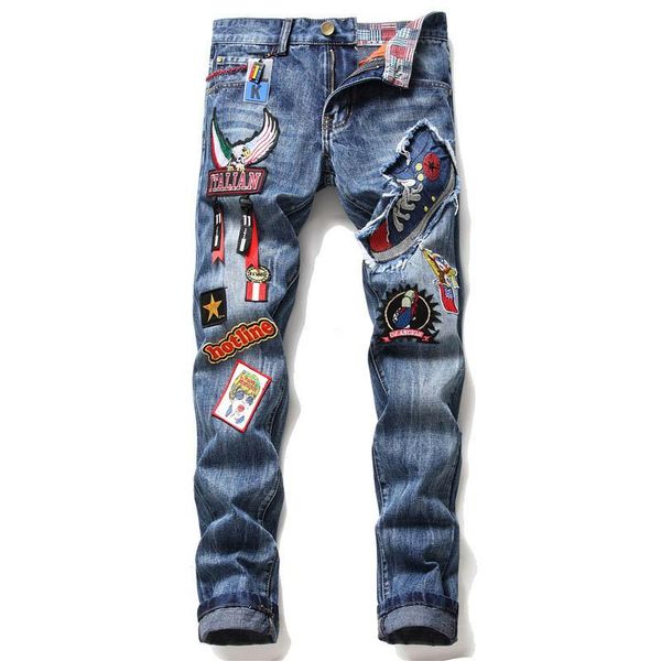 

mcikkny mens fashion pattern jeans pants embroidery slim denim trousers male hip hop, Blue