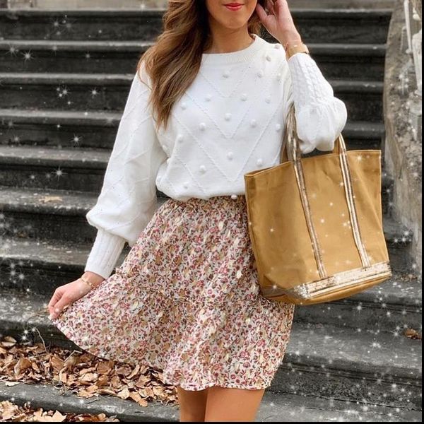 

misswim elegant pompon white sweater women invierno 2021 lantern sleeve knitted sweater female pullover ladies jumper streetwear, White;black