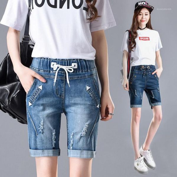 

women's jeans for women summer kenn length pants elastic high waist loose plus size hole crimping denim shorts1, Blue