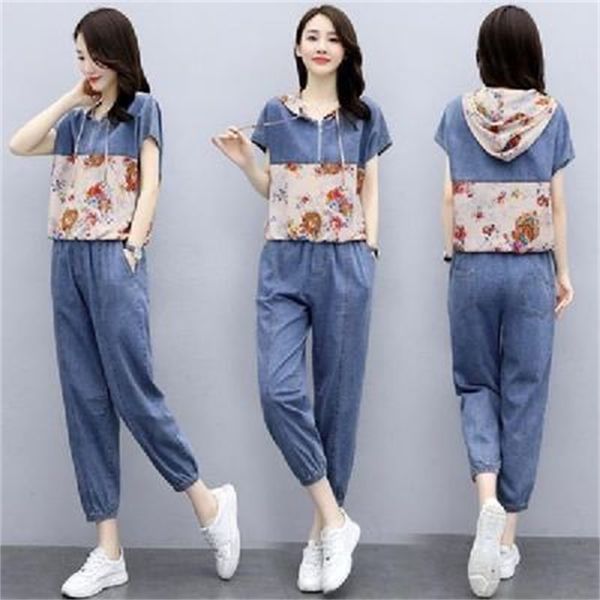 

casual jean suit for contrast korean hoodie 2-piece and pants denim female training sets i1xs, White