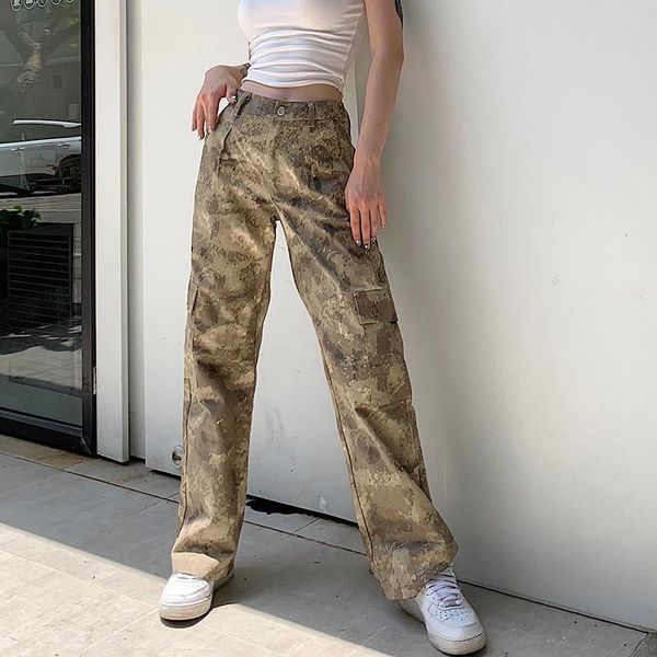 

women casual straight pants desert camouflage pocket street overalls wide leg trousers pantalon mujer vintage omighty, Black;white