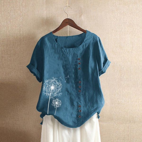 

women linen casual loose button plus size dandelion print boho shirt o neck short sleeve summer blouse femininas #t2g, White
