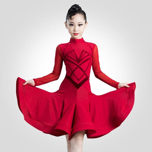 

stage wear latin dance dress girls competition red professional long sleeves cha practice clothes kids dancewear bi559, Black;red