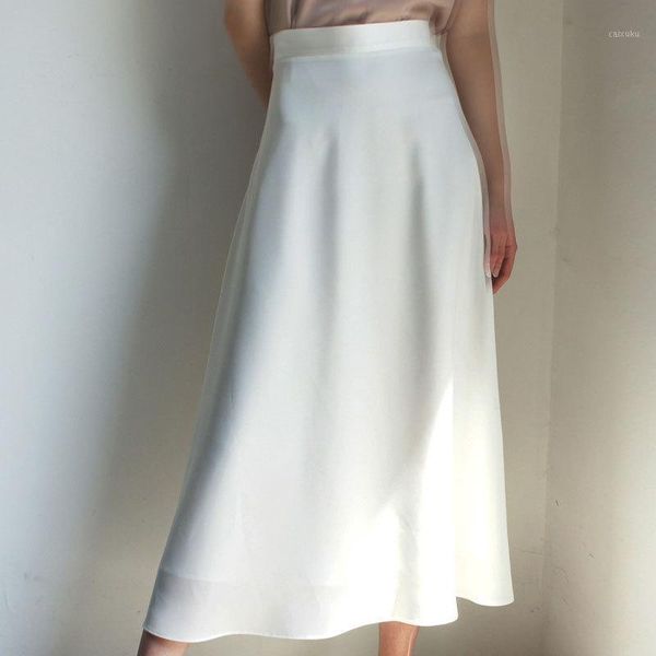 

2020 vintage women a-line white skirt high waist summer long skirt pure color women satin maxi skirts saia faldas jupe femme1, Black
