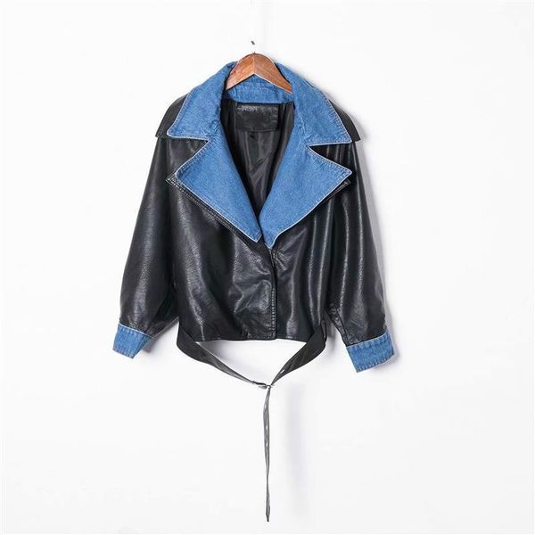 

deat] loose fit jacket pu leather new turn-down collar splicing long sleeve women coat fashion tide spring autumn 2020 13u648, Black