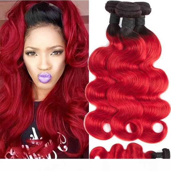 

colored 1b red brazilian human hair 4 bundles deals brazilian ombre virgin hair weave two tone body wave human hair extensions, Black