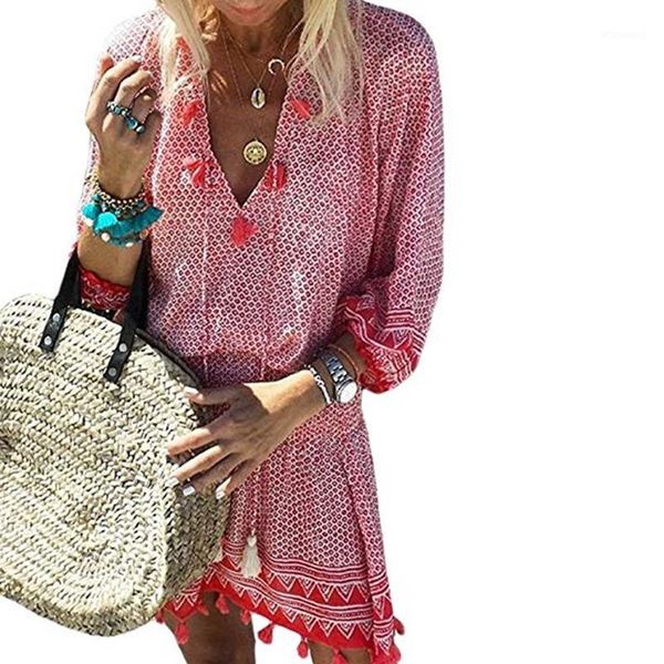 

comfortable woman dress 2020 spring summer plaid boho short dresses with fringes vestido1, Black;gray