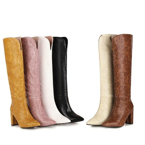 

boots 2021 women fashion slip on knee high pu leather sqaure heel ladies pointed toe autumn winter shoes, Black