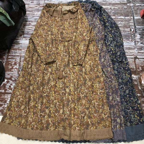 

2020 autumn new mori women's japanese korean dress linendoll cotton linenand linen women's loose doll collar floral cotton and lin, Black;gray