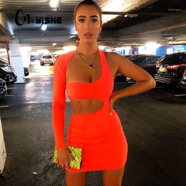 

cnyishe neon green hollow out party dress summer one shoulder halter long sleeve short dress women bodycon dresses vestidos1, Black;gray