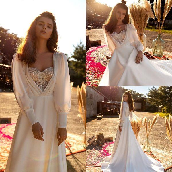 

2021 new a line wedding dresses long sleeves sweetheart sequined bridal gowns plus size boho beaded robes de mariée, White