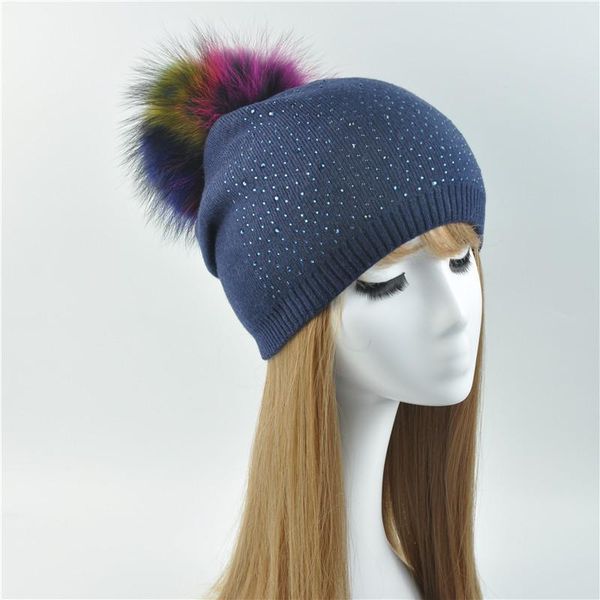 

beanie/skull caps women's real fur pompon hat female plain warm knit beanie natural raccoon pom winter beanies with pompom, Blue;gray