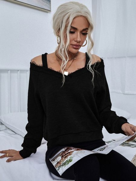 

cold shoulder eyelash trim pullover n90x#, White;black