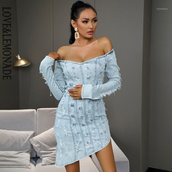 

love&lemonade tube v-neck wash water elastic bodycon long-sleeved denim dress lmdm0011, Black;gray