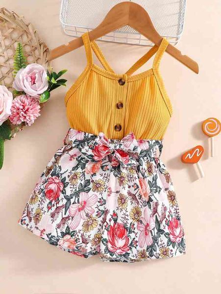 

baby floral print crisscross back belted cami romper she, Blue