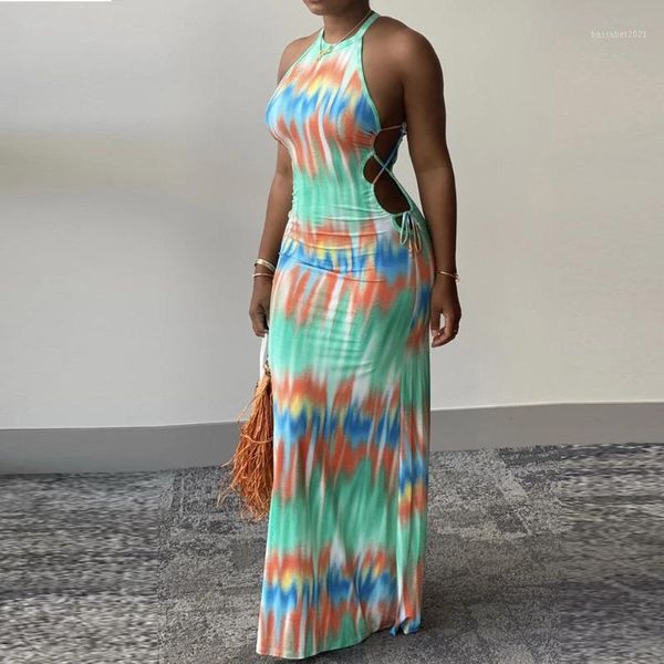 

casual dresses women backless sleeveless summer dress 2021 bandage bodycon evening party spaghetti strap maxi tie dyeing long dress#31, Black;gray