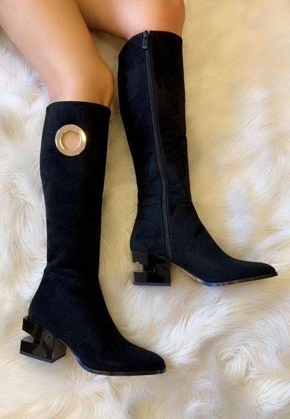 

women's to the knee black winter boots golden hole bucket suede leather