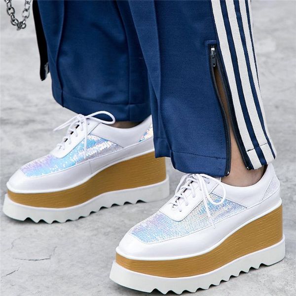 

boots fashion sneakers women shiny glitter wedges high heel ankle female lace up square toe platform pumps shoes casual, Black