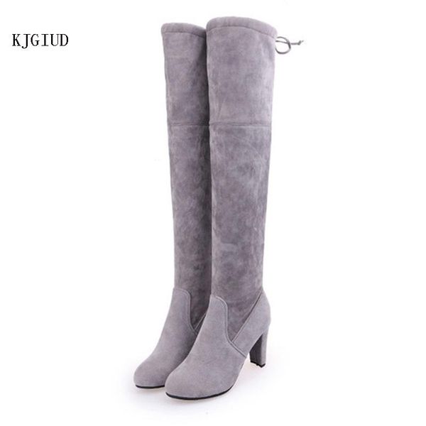 

women's new autumn and winter large size fashion boots suede over the knee high heel thick heel shoes thigh high boots, Black