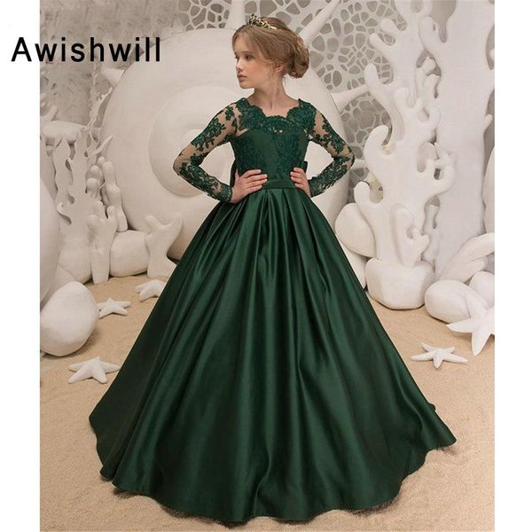 

girl's dresses emerald green long sleeves flower girl dress a-line applique satin with bow kids party holy communion, Red;yellow