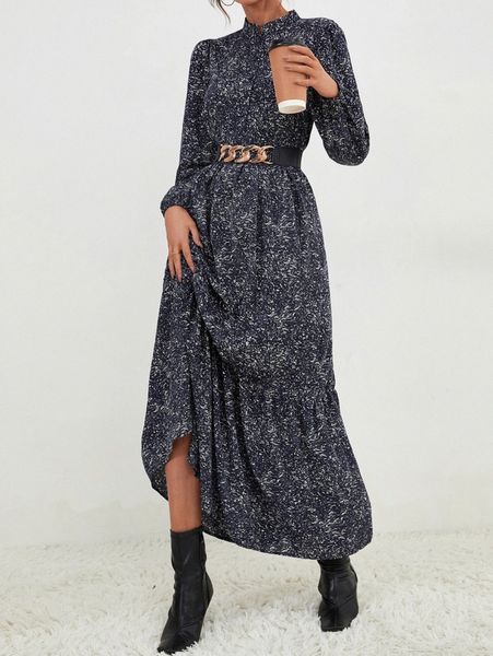 

allover print lantern sleeve dress without belt y6si#, Black;gray