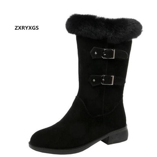 

boots real fur full frosted cowhide winter leather fashion warm snow shoes knight large size women, Black