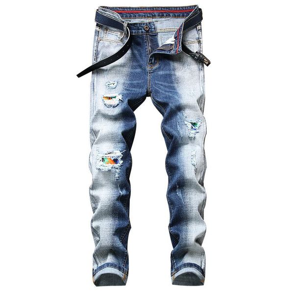 

men's jeans 2021 style personalized youth fashion stretch ripped, Blue