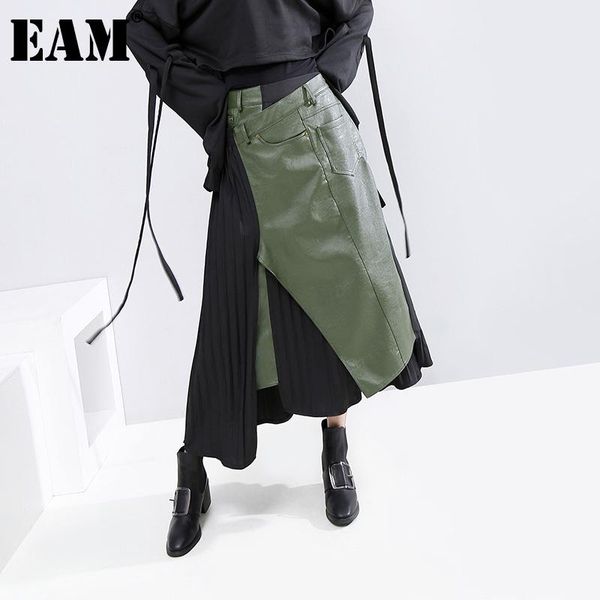 

skirts [eam] high elastic waist green pleated irregular pu leather half-body skirt women fashion tide spring autumn 2021 1dc842, Black