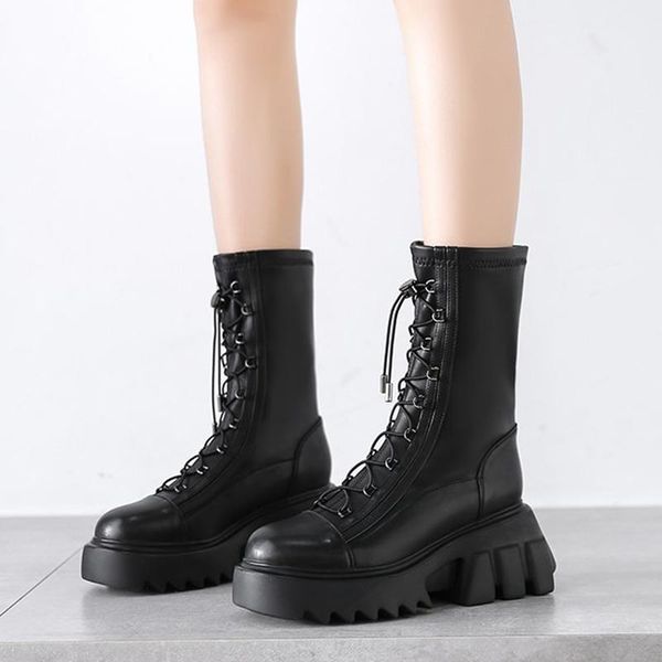 

rimocy 2021 winter new pu leather ladies boots chunky heels platform ankle boots for women cross strap motorcycle botas mujer, Black
