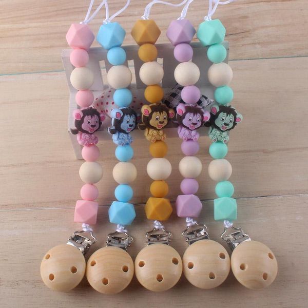 

wooden pacifier holder chain clip lion silicone beads pendant eco-friendly teething clip leash strap wooden pacifier q sqczcs