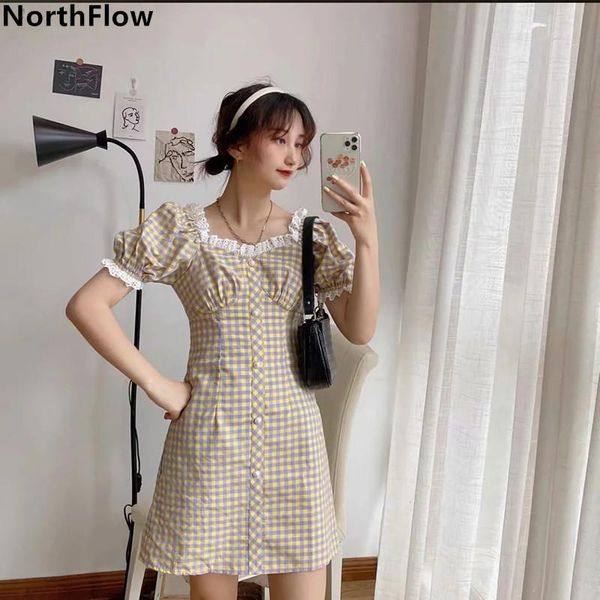 

northflow 2021 women dress lace plaid mini single breasted square collar de fiesta party dress vestidos robe femme, White;black