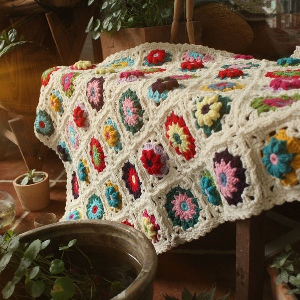 Cuscino per coperta fatto a mano all'uncinetto afghano nonna piazza Colorful Stereo Daisy Tovaglia fatta a mano Runner 201128