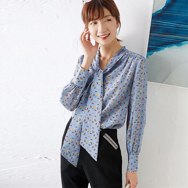 

100% silk blouse women casual style shirt floral print lace up neck long sleeves elegant elegant new fashion, White