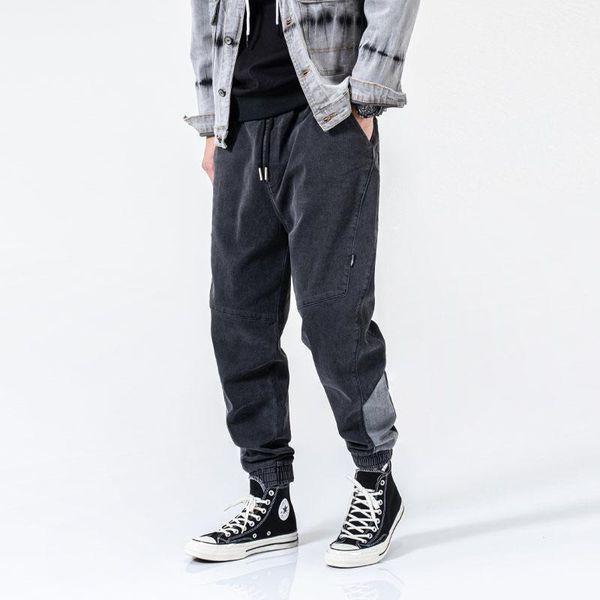 

men's jeans japanese style fashion men loose fit spliced designer cargo pants autumn streetwear hip hop wide leg joggers trousers, Blue
