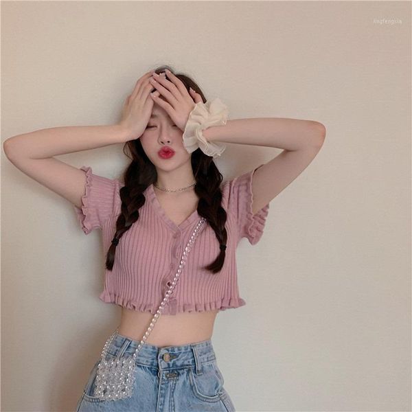 

2020 summer new style pink cardigan sweater women v-neck short-sleeved jacket short slim section thin sweater, White