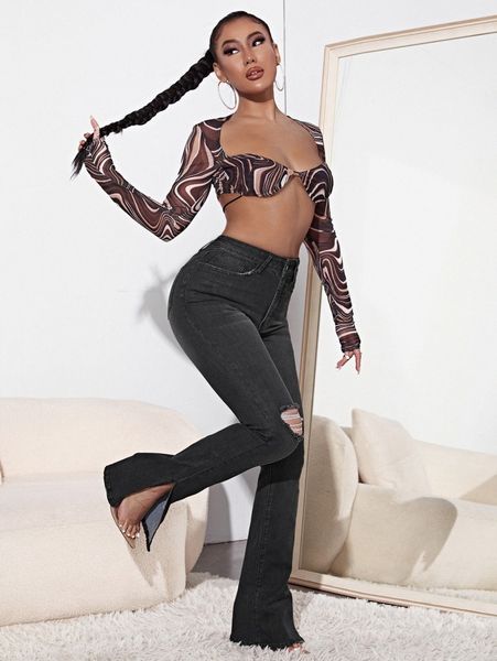 

sxy high waist slit hem ripped flare leg jeans a7yg#, Blue