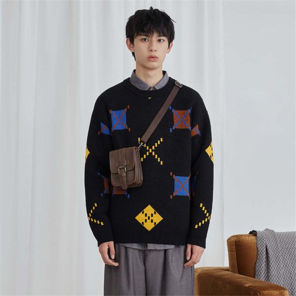 

2020 trendy fashion round neck sweater men's autumn new style korean personality college style color block jacquard sweater coat s-2xl, White;black