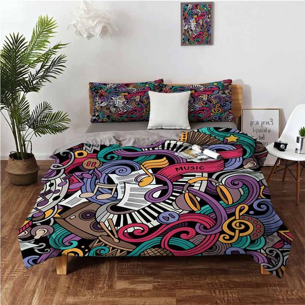

music themed hand drawn abstract instruments microphone drums keyboard stradivariusbedding 3-piece set
